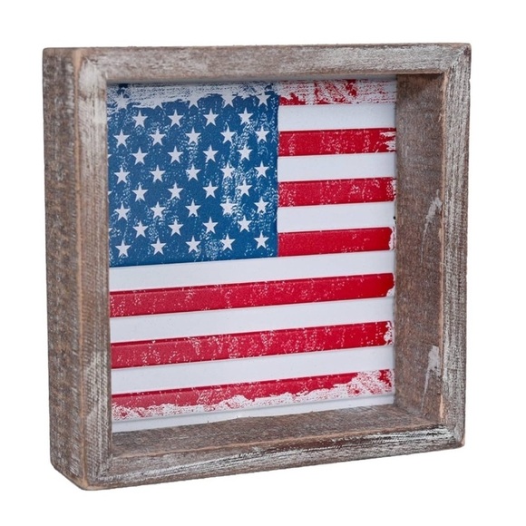 4th of July Frame Metal USA Flag Block Sign American Table Patriotic Wood Decor - Picture 1 of 8